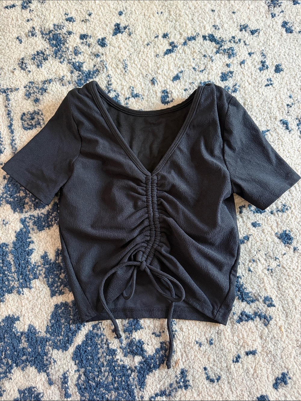 Ruched V-Neck Black Crop Top with Tie Detail